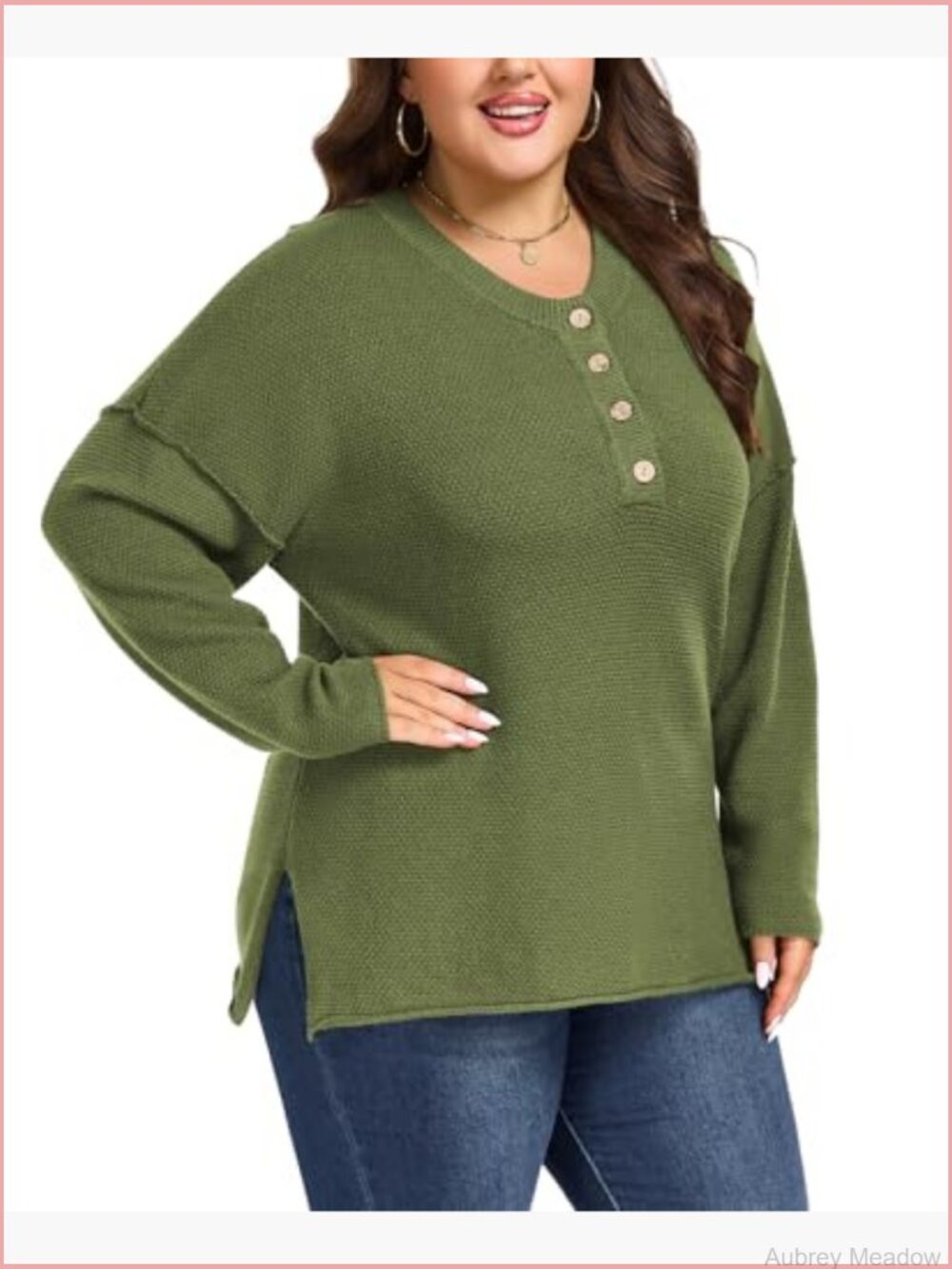 Plus Size Long Sleeve V Neck Button Henley Sweater Top Loose Knit Pullover - Picture 2 of 7